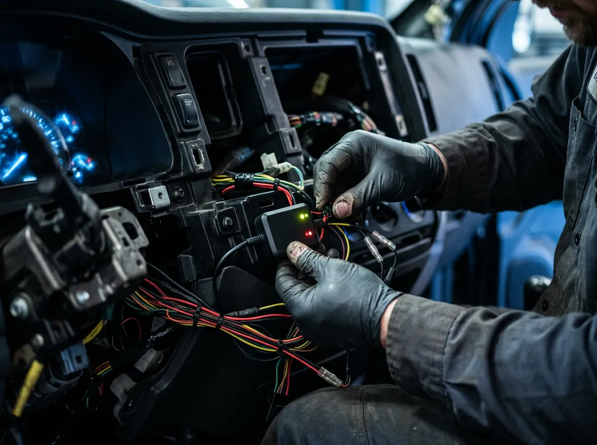 Técnico instalando un rastreador GPS en un tablero